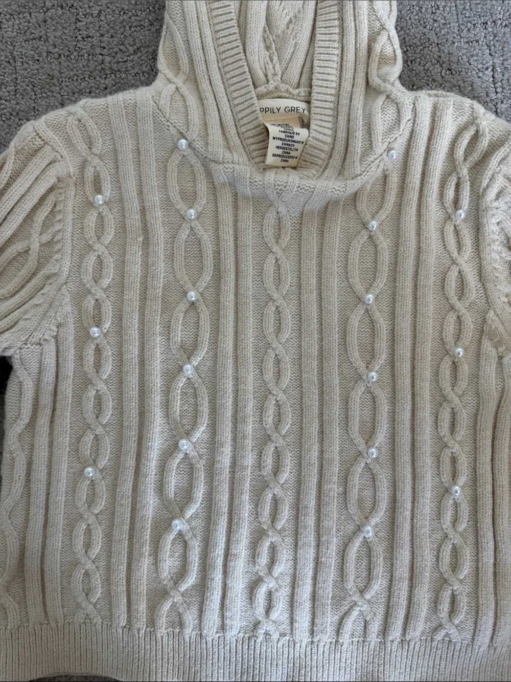 Girls Hooded Cream Cable Knit Sweater Pants Set with pearl embellishments